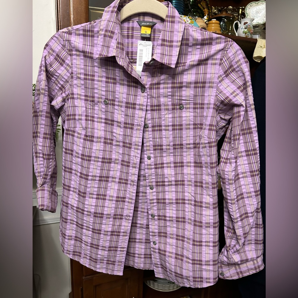 NWT Eddie Bauer Lavender and Brown Plaid Shirt